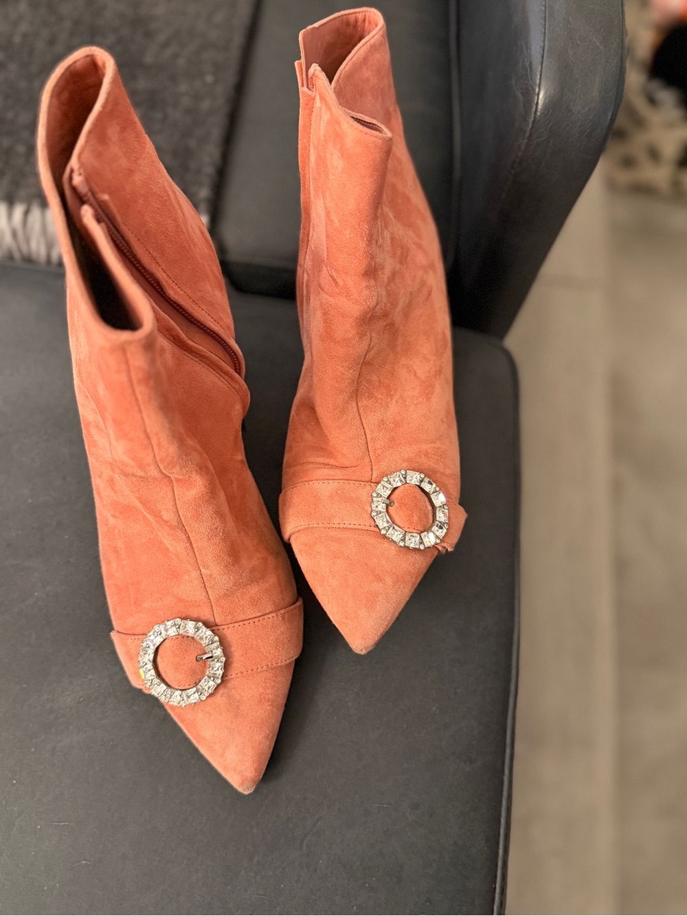 Jimmy Choo Dusty Pink Suede Pointed-Toe Ankle Boots with Crystal Buckle